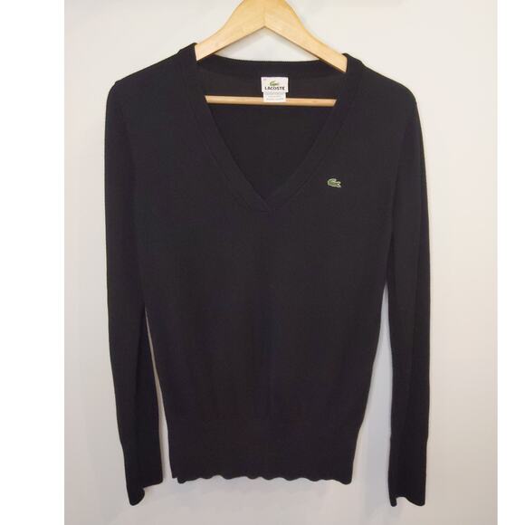 LACOSTE Black Mens V-Neck Cotton Sweater Size 44 Preppy Classic Old Money Luxury - Picture 1 of 6